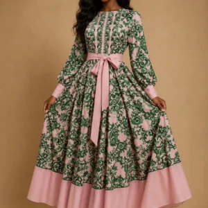 Pink & Green Baroque Maxi Dress